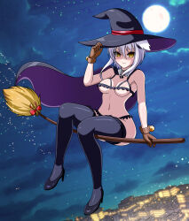  absurdres breasts cape empty_eyes female_only femsub gloves halloween happy_trance hat high_heels high_school_dxd koneko_toujou navel night short_hair sitting smile solo thighhighs white_hair witch witch_hat yensh 