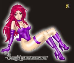 boots choker cleavage expressionless gloves high_heels long_hair messy_hair opera_gloves red_hair sigfried028 sitting spiral_eyes symbol_in_eyes