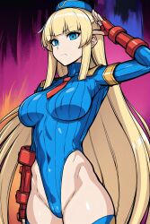  ai_art blonde_hair blue_eyes capcom empty_eyes expressionless female_only femsub fingerless_gloves gloves hat large_breasts leotard looking_at_viewer saluting shadaloo_dolls shoulder_pads solo stable_diffusion_(ai) standing standing_at_attention street_fighter tie very_long_hair voldar 