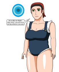 bbw breasts brown_hair doudile empty_eyes fat female_only green_eyes happy_trance headband huge_breasts hypnotic_orb lipstick orb original short_hair standing text white_background