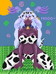 angel angel_girl black_skin cow_girl cowbell femsub glowing_eyes hucow nyarukavt pet_play pixel_art purple_hair text virtual_youtuber zoel_angel