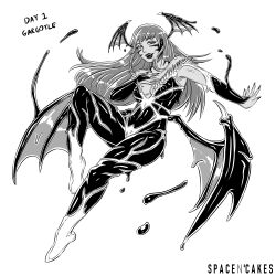 alien alternate_costume androgynous_dom black_lipstick breasts capcom censored corruption crossover darkstalkers english_text eyeshadow femsub greyscale happy_trance legs lipstick living_costume long_hair looking_at_viewer makeup marvel_comics morrigan_aensland nail_polish nipples parasite possession pussy smile spacen&#039;cake spider-man_(series) succubus symbiote text venom_(marvel) white_background wings