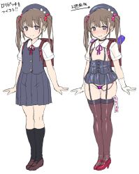 backpack before_and_after brown_hair collar condom corruption corset empty_eyes female_only garter_straps gloves grey_eyes hat high_heels original satou_kuuki school_uniform sex_toy shoes short_skirt text thighhighs translated twintails unhappy_trance vibrator white_background
