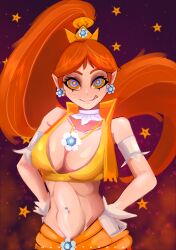  alternate_costume alternate_hairstyle arm_bands breasts cleavage crown earrings elf_ears femsub gangstargab genie gloves gradient_background happy_trance harem_outfit kaa_eyes large_breasts long_hair looking_at_viewer midriff navel_piercing necklace nintendo ponytail princess princess_daisy red_hair smile super_mario_bros. tongue_out 