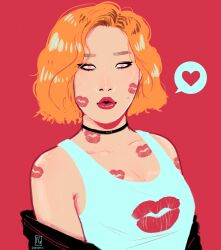 absurdres blonde_hair bloominflowers choker expressionless female_only lipstick_mark manip short_hair sleepyhead97_(manipper) solo symbol_in_eyes tank_top