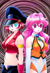ai_art blue_eyes chocolate_misu cleavage earrings empty_eyes expressionless femsub gloves glowing_eyes hat hellsing002_(generator) leotard long_hair pink_eyes pink_hair red_hair sorcerer_hunters spiral_background tira_misu