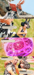  3d absurdres accidental_hypnosis black_hair book breasts brown_hair bunny_girl carbuncle clothed dialogue edengpose edenhianne english_text eye_color_change female_only femdom femsub final_fantasy final_fantasy_xiv glasses hair_color_change hair_ornament hypnotic_magic long_hair magic magic_circle multicolored_hair orange_hair outdoors possession red_eyes smile square_enix text viera white_hair 