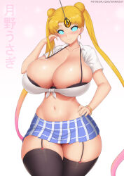 blonde_hair blue_eyes blush bra breasts cleavage coin earrings exposed_chest female_only femsub garter_straps glowing glowing_eyes happy_trance huge_breasts jewelry kainkout large_hips long_hair looking_at_viewer manip miniskirt misterman4_(manipper) pendulum sailor_moon sailor_moon_(series) skirt smile spiral_eyes symbol_in_eyes tagme thighhighs twintails underwear
