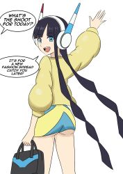 absurdres antenna ass black_hair blue_eyes clefla clothed dialogue elesa_(pokemon) english_text headphones looking_at_viewer looking_back nintendo open_mouth pokemon simple_background smile speech_bubble standing text tongue very_long_hair white_background