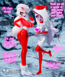  3d blender blonde_hair bodysuit boots charlie_(hazbin_hotel) christmas crystal dialogue empty_eyes english_text eyepatch fangs female_only femsub fingerless_gloves gloves glowing glowing_eyes grey_skin hand_on_hip hazbin_hotel hourglass_figure lipstick looking_at_viewer makeup multiple_girls multiple_subs nail_polish opera_gloves outdoors pale_skin purple_eyes ribbon santa_hat seductive_smile smile snow supercasket text vaggie_(hazbin_hotel) very_long_hair white_hair yellow_sclera 