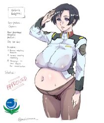  altered_common_sense breasts clothed_exposure empty_eyes expressionless femsub gundam_(series) gundam_seed indifferent large_breasts milf moistman natarle_badgiruel netorare pantyhose pregnant saluting short_hair standing standing_at_attention text unaware 
