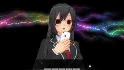 3d absurdres black_hair breasts brown_eyes custom_maid_3d_2 electricity empty_eyes femsub open_mouth phone school_uniform swallow774 tech_control text tie