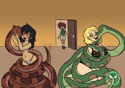  amphibia anne_boonchuy barefoot black_hair blonde_hair bondage boots brown_hair coils dark_skin disney drool earbuds femsub green_eyes hair_clips heart lingerie marcy_wu open_mouth orange_eyes ring_eyes sasha_waybright scar scars serpeisthesnake shirt shorts signature simple_background snake socks surprised tied_hair underwear yellow_background 
