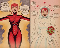 before_and_after breasts bridal_veil dialogue english_text female_only femsub glowing glowing_eyes happy_trance heart marvel_comics phoenix_force polmanning rachel_summers red_hair short_hair smile solo super_hero text wedding_dress x-men