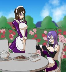 aurora_(cosmicaurora) brown_hair female_only femdom green_eyes happy_trance long_hair maid maid_headdress mythkaz original purple_eyes purple_hair tagme