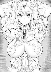  absurdres arms_behind_back breasts crown empty_eyes gatyo_5 greyscale hand_on_head happy_trance heart_pasties huge_breasts jewelry large_hips monochrome nintendo nipples pasties pyra_(xenoblade) short_hair smile standing standing_at_attention tattoo xenoblade_chronicles xenoblade_chronicles_2 