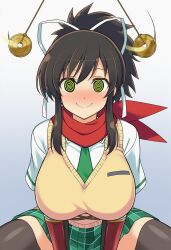 ai_art asuka_(senran_kagura) blush brown_hair coin femsub hair_ribbon happy_trance large_breasts pendulum ponytail scarf school_uniform senran_kagura simple_background skirt smile spiral_eyes spiralwash_eyes thighs valukore_(generator)