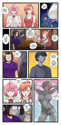  absurdres alural_(kamikatsu) anita_(anidelos) arms_above_head aura azmidiot bangs blonde_hair blue_eyes brown_hair choker collar comic dahypnoman_(dahypnoman) dialogue english_text finger_snap genderswap glasses grey_hair grey_skin hair_covering_one_eye kamikatsu:_working_for_god_in_a_godless_world long_hair multiple_girls necklace orange_eyes orange_hair original pants pink_eyes pink_hair ponytail posing red_eyes shirt short_hair shorts siluril_(kamikatsu) sitting smile sparkle speech_bubble table text tied_hair transformation transgender 