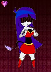  ahoge androgynous_dom binary_eyes doll_(murder_drones) femsub happy_trance hypnoscream knife long_hair murder_drones pov_dom purple_hair red_background red_eyes robot_girl skirt smile spiralwash_eyes standing straight-cut_bangs tail tube_top undressing 