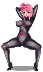  arms_above_head blush bodysuit cameltoe catsuit collar control_indicator crotch_tattoo empty_eyes erect_nipples erect_nipples_under_clothes expressionless female_only femsub frozen_gingasan gunslinger_stratos hair_ornament high_heels japanese_text kyoka_katagiri large_breasts latex long_hair looking_at_viewer open_mouth pink_hair progress_indicator red_eyes rubber side_ponytail simple_background solo spread_legs squatting tattoo text tight_clothing white_background 