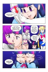 blonde_hair blue_eyes bow choker cleavage comic crossover dialogue earrings empty_eyes equestria_girls freckles hair_buns kimberly_smith_(daveyboysmith9) large_breasts midriff multicolored_hair my_little_pony opera_gloves original purple_eyes purple_hair purple_lipstick sailor_moon sailor_moon_(series) short_hair short_skirt smile story text twilight_sparkle twintails wadevezecha