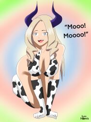 absurdres all_fours bikini blonde_hair breasts cleavage cow_girl femsub happy_trance horns large_breasts long_hair my_hero_academia spiral_eyes syas-nomis symbol_in_eyes text yu_takeyama