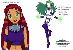alien alien_girl boots bottomless breasts corruption dc_comics dialogue empty_eyes evil_smile femsub garter_belt green_eyes green_hair happy_trance humor idpet long_hair nude red_eyes red_hair smile starfire super_hero teen_titans text thighhighs topless white_skin