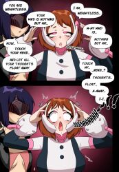  4headboiii comic dialogue drool english_text female_only femdom femsub hypnotic_screen kyoka_jiro my_hero_academia ochaco_uraraka open_mouth pink_eyes super_hero text 