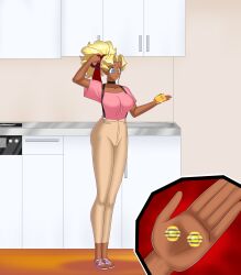  alien_girl blonde_hair blue_eyes bluebullpen candy choker cleavage comic confused dark_skin hair_ribbon honey large_breasts mihoshi_kuramitsu pants ponytail sandals story suspenders tenchi_muyo! tight_clothing 