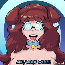 ahoge animal_ears bare_shoulders blue_background blue_eyes brown_hair brushie_art collar collarbone convenient_censoring dog_ears dog_girl dog_tags drool eyebrows_visible_through_hair female_only femsub glasses happy_trance jay_(junethrall) large_breasts long_hair looking_at_viewer nude open_mouth original pet_play signature solo spiral_background spiralwash_eyes text tongue tongue_out