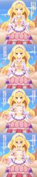  amane_kasai bangs bare_shoulders blonde_hair blue_eyes blush breasts breasts_outside choker comic crown cure_finale delicious_party_precure dialogue dress empty_eyes exposed_chest eyebrows_visible_through_hair female_only femsub hair_ornament hand_on_hip happy_trance headband long_hair magical_girl nipples open_mouth outdoors paradox ponytail precure skirt smile solo straight-cut_bangs text translated 