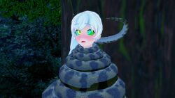  3d asphyxiation bikini blue_eyes breasts cleavage coils confused disney kaa kaa_eyes large_breasts leaning_forward leopard_print lipstick long_hair makeup mmd mrkoiru open_mouth outdoors pale_skin ponytail rwby sitting snake the_jungle_book trees weiss_schnee white_hair 