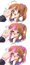 before_and_after blush brown_hair dazed femsub finger_to_forehead glowing glowing_eyes long_hair magic ponytail school_uniform sweat text translated