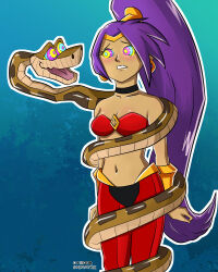 blush bracers choker coils collarbone disney earrings femsub gradient_background harem_outfit hypnotic_eyes kaa kaa_eyes maledom navel open_mouth ponytail purple_hair restrained shantae shantae_(series) shimmy2k signature smile the_jungle_book unhappy_trance very_long_hair