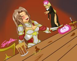  absurdres androgynous_dom armor bare_legs blonde_hair blush breasts brown_background brown_hair cleavage clothed coin drunk empty_eyes femsub giyu h.u.g_(kronobas28) knight legs long_hair money non-binary_dom nun original parasite shield signature sword tagme thighs weapon 