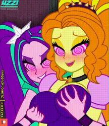  adagio_dazzle animated animated_gif aria_blaze blush bracelet breast_fondling cleavage clothed equestria_girls female_only femdom femsub groping hair_ornament happy_trance large_breasts long_hair my_little_pony necklace open_mouth orange_hair pink_eyes ponytail purple_hair purple_skin signature smile spiralwash_eyes symbol_in_eyes text twintails uzzi-ponydubberx yellow_skin 