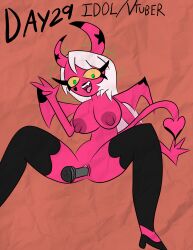 breasts demon demon_girl green_eyes happy_trance helluva_boss horns hypnovember improvised_dildo pussy spread_legs tcross tongue tongue_out verosika_mayday white_hair wings