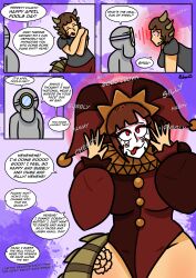  accidental_hypnosis brain_drain clown_girl comic dialogue happy_trance hypnotized_hypnotist jester kilroy_(kilroylucy) kilroylucy18 laughing lipstick lizard_girl lucy_theodulf_(kilroylucy) makeup original smile tail tongue_out 