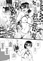  absurdres altered_common_sense alternate_costume angry ass aware bare_shoulders before_and_after black_hair breasts censored cleavage clothed_exposure collarbone confused dialogue erect_nipples girls_semen_disposal_part_time_job_under-hypnosis greyscale hard_translated large_breasts maid memory_alteration miniskirt nagisa_madoka navel nightmare_fuel open_mouth protohotel_game short_hair short_skirt skirt speech_bubble spread_legs spread_pussy sweat tech_control text thong thought_bubble tomboy trance_break translated unaware visor 