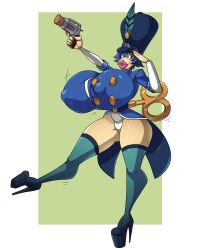  blue_hair breasts empty_eyes gun hat high_heels huge_breasts large_breasts large_lips naoto_shirogane persona_(series) persona_4 saluting short_hair spiralingstaircase thighs transformation wind-up_key 