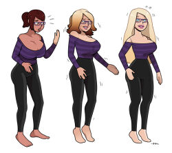 before_and_after blackshirtboy blonde_hair blue_eyes breast_expansion breasts brown_hair doll dollification expressionless female_only glasses huge_breasts multicolored_hair original transformation white_background