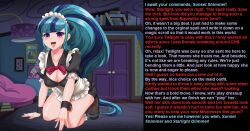 all_fours bed blue_eyes blue_hair blush breasts caption cleavage cogbrony empty_eyes equestria_girls female_only femdom femsub happy_trance large_breasts long_hair maid manip my_little_pony open_mouth sonata_dusk text tongue tongue_out