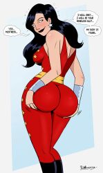  arm_bands ass ass_focus ass_grab black_hair black_lipstick breasts clothed dc_comics dialogue donna_troy earrings english_text female_only femdom femsub kaa_eyes large_ass long_hair polmanning ring_eyes signature smile solo speech_bubble text wonder_girl 