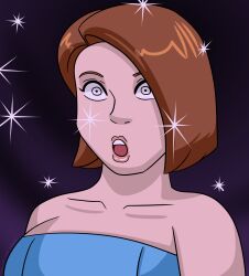  absurdres bare_shoulders brown_hair capcom clothed collarbone dress female_only femsub jill_valentine lipstick maggotmike open_mouth resident_evil short_hair simple_background solo sparkle surprised tube_top white_eyes 