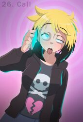 ahegao black_hair blonde_hair cell_phone disguised_hypnotist drool empty_eyes erika_(er-ikaa) hoodie hypnovember jacket jeans original shirt tagme tongue tongue_out