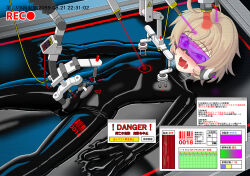 ahoge barcode beam blonde_hair blush bodysuit bondage drool eyebrows_visible_through_hair laser_pointer latex male_only malesub open_mouth original progress_indicator resisting restrained short_hair solo tears tech_control tongue tongue_out unhappy_trance vacuum_bed visor