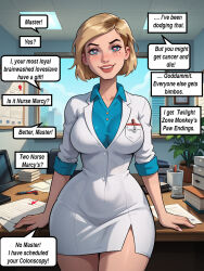 ai_art blonde_hair dialogue doctor english_text femsub gregory_michelson_(generator) humor large_breasts maledom pov_dom short_hair text uniform