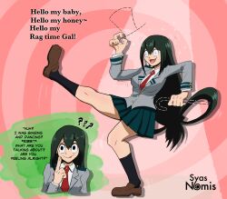 amnesia confused dancing dialogue finger_to_mouth green_hair humor jacket long_hair my_hero_academia open_mouth school_uniform shirt shoes shrunken_irises signature simple_background skirt smile socks spiral_background syas-nomis symbol_in_eyes text tie tongue tsuyu_asui very_long_hair