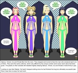 breasts dialogue empty_eyes femsub hinata_hyuuga ino_yamanaka large_breasts multiple_girls multiple_subs nabs001 naruto_(series) sakura_haruno sandals spiral temari text