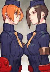 arm_bands breast_press breasts brown_eyes brown_hair capcom expressionless female_only femsub gloves hat hungry_clicker juli juni multiple_girls orange_hair shadaloo_dolls short_hair shoulder_pads simple_background street_fighter tie tied_hair